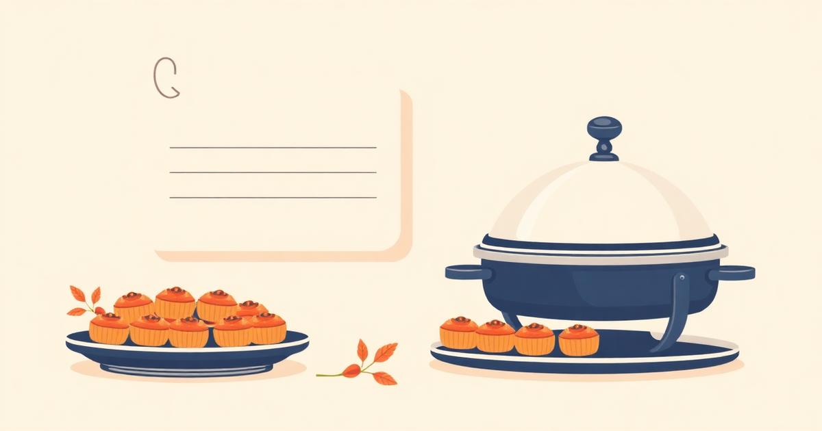 Illustration of a catering setup: a chafing dish and plated tray beside an order form listing courses and guest counts