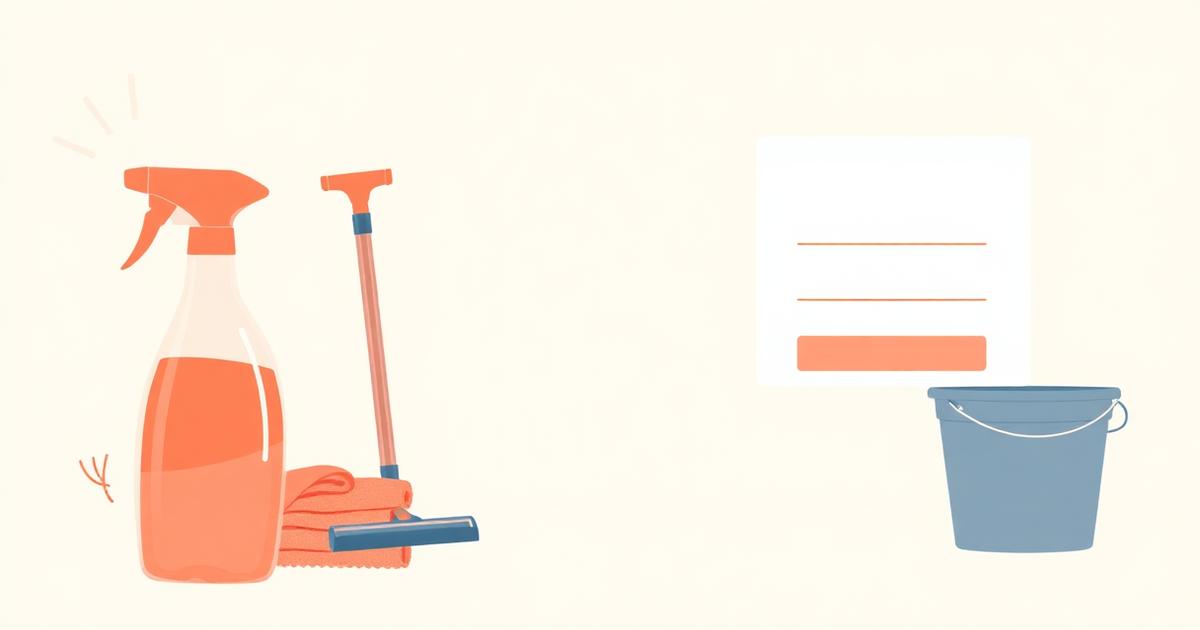 Illustration of a cleaning business dashboard: a spray bottle and cloth beside a booking form with a scheduled visit