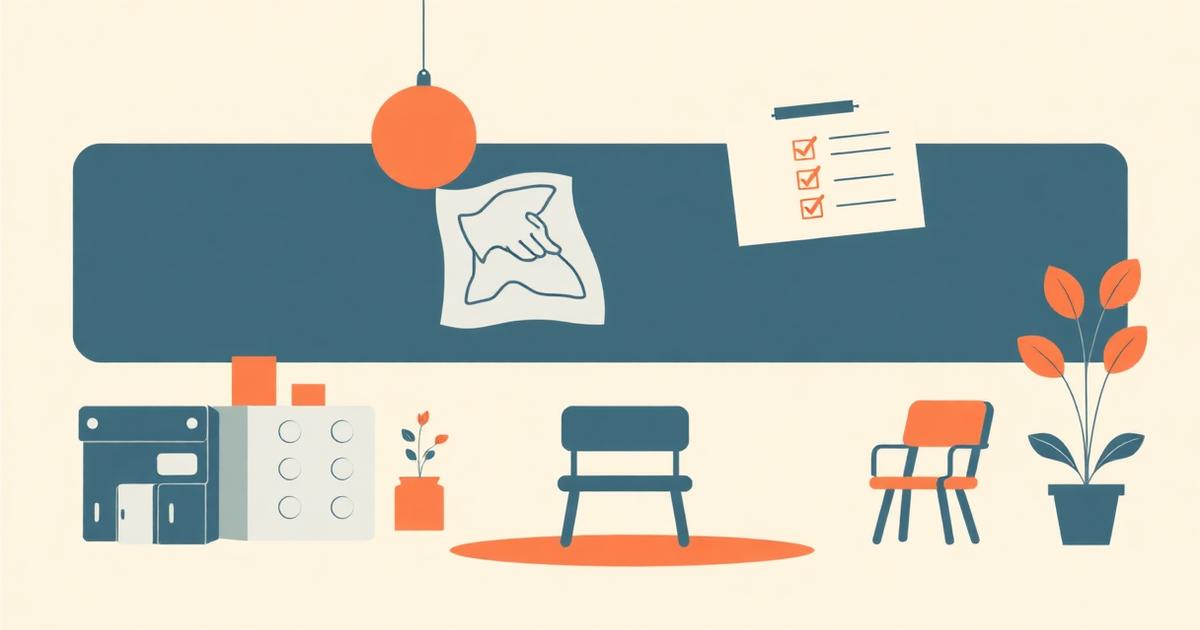 Illustration of a home daycare setup: building blocks and a wall clock beside an enrollment form with a child's details