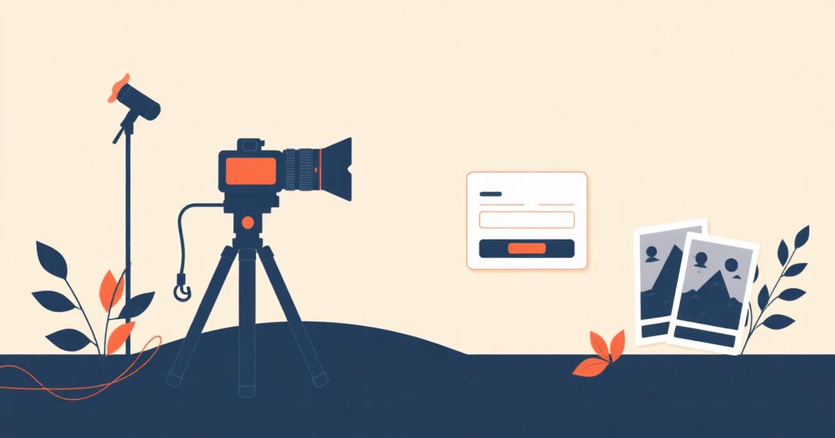 Illustration of a photography business: a camera and lens beside a booking form showing a session date and package