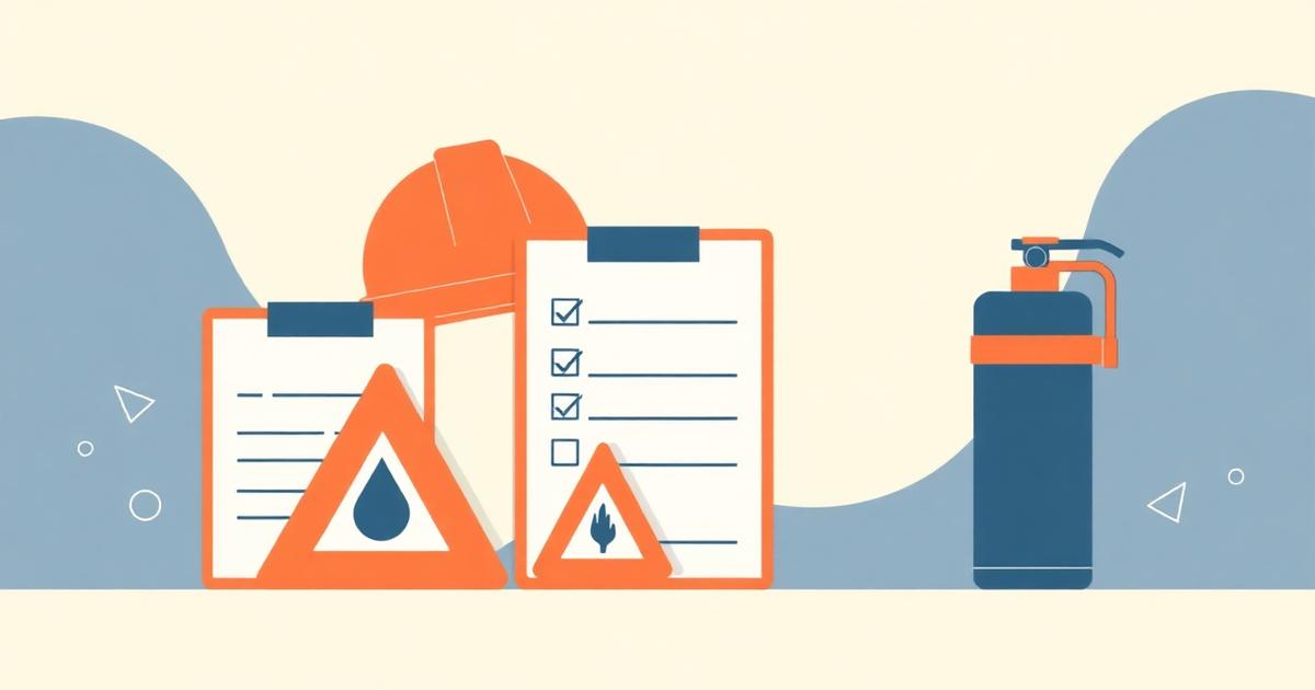 Illustration of a hazard warning triangle beside a risk assessment form with hazard and control columns ticked