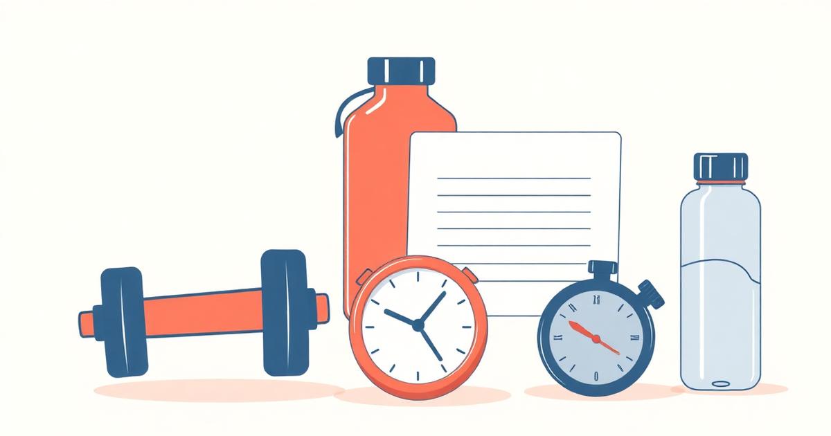 Illustration of a personal training setup: a kettlebell and stopwatch beside a health questionnaire form with goals