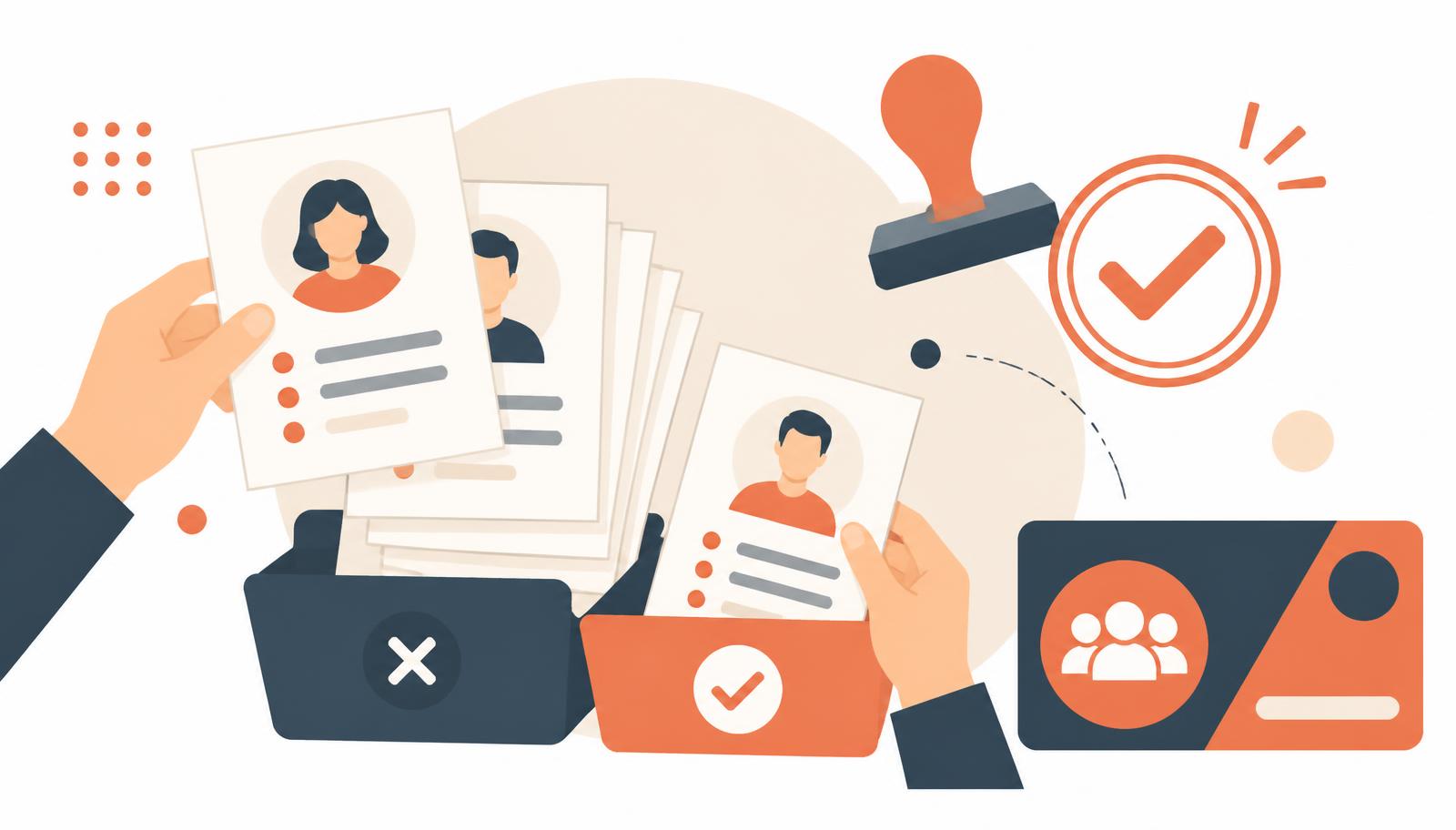 Flat illustration of an application form with a checklist and approval stamp