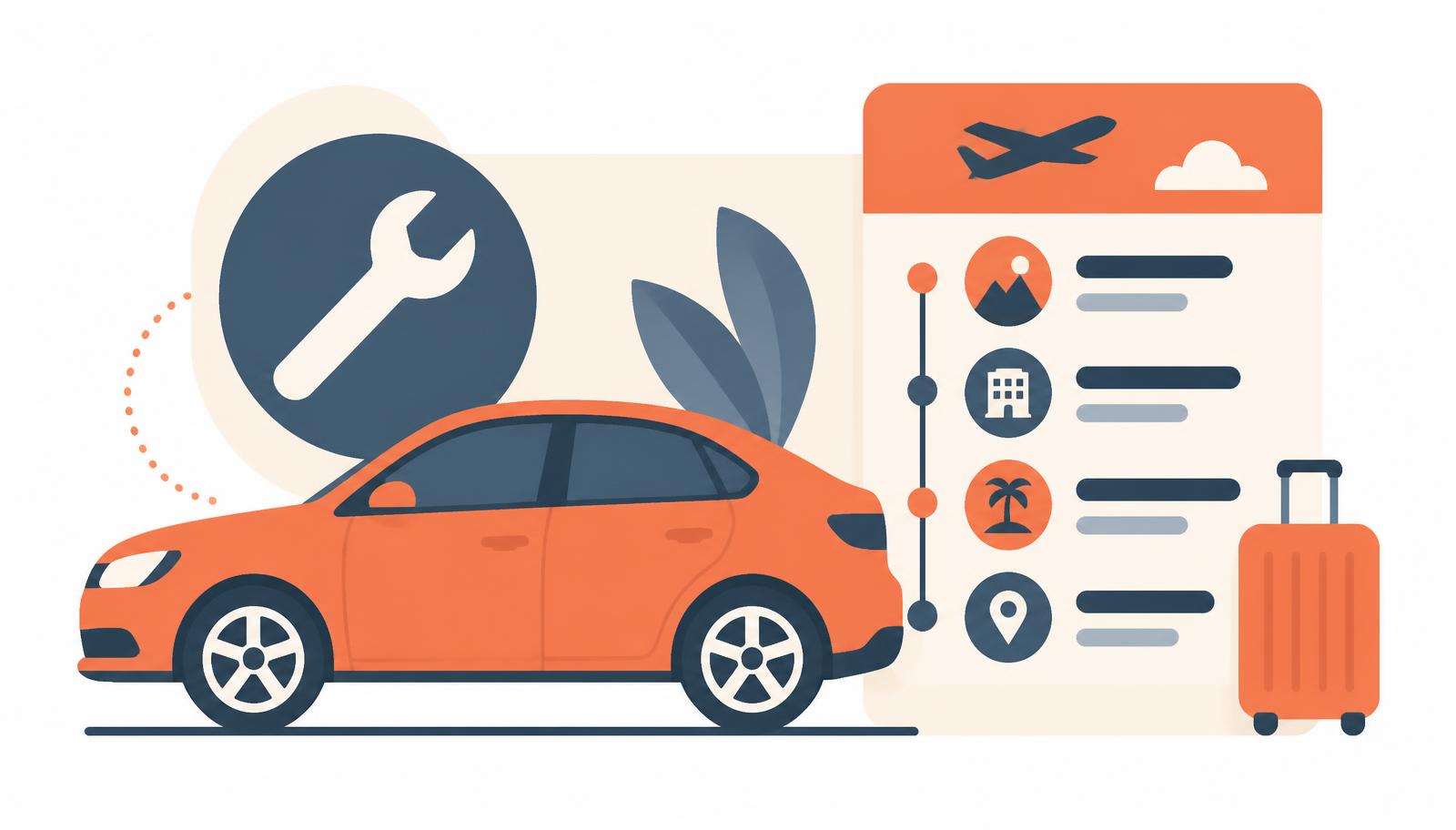 Flat illustration of a car, a wrench and a suitcase arranged around a booking form