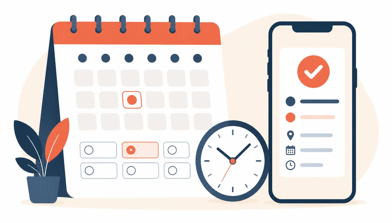 Flat illustration of a booking form with a calendar and available time slots