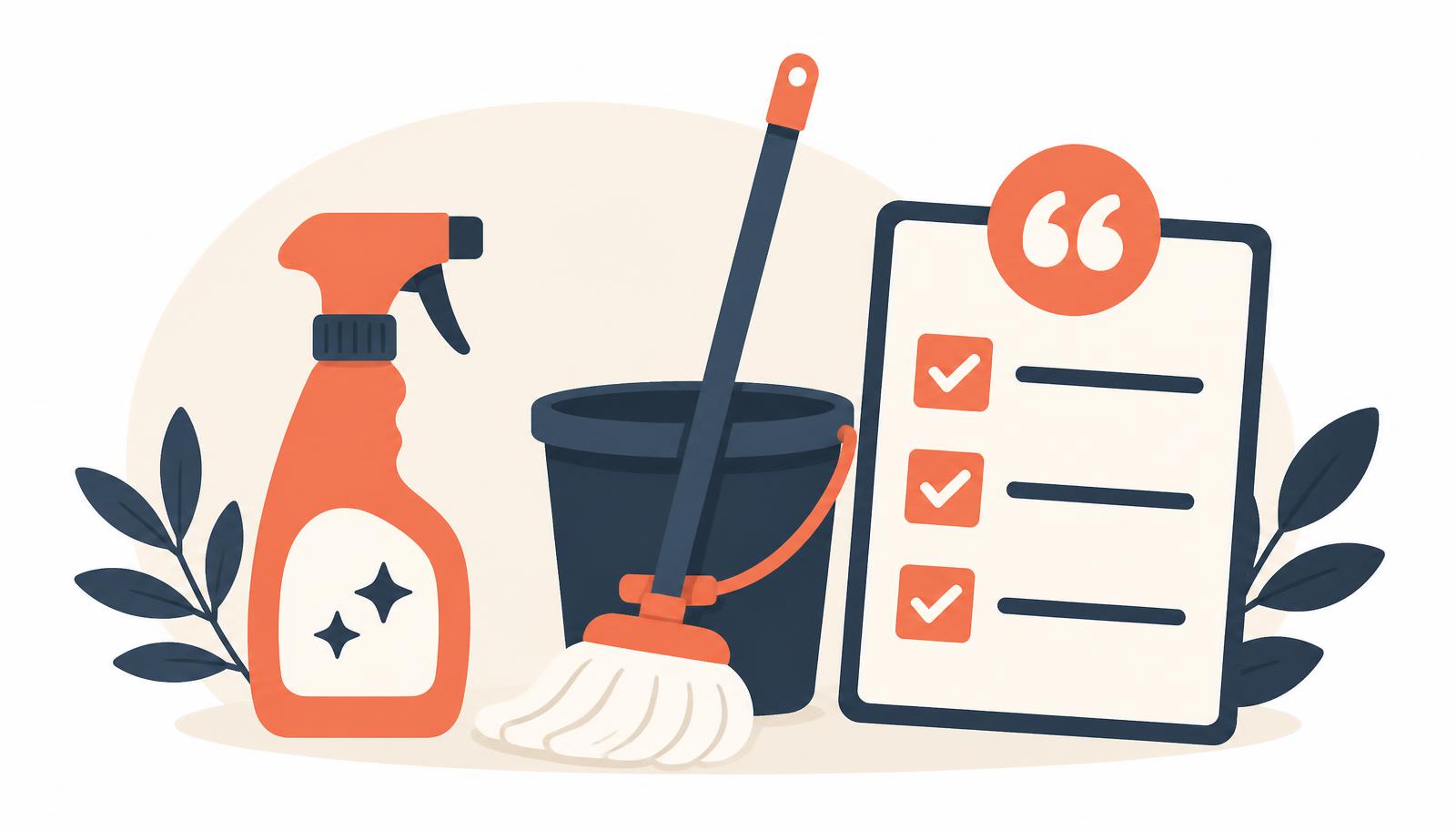 Flat illustration of a cleaning quote form next to a mop, a clipboard checklist and a recurring booking calendar