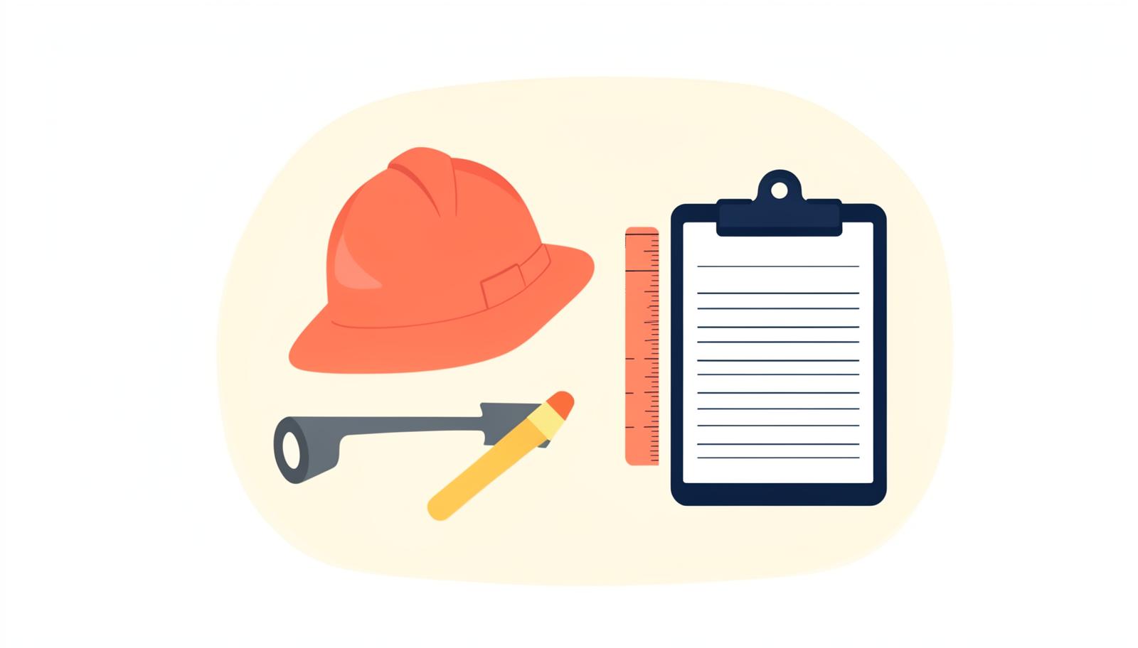 Flat illustration of a contractor reviewing blueprints and a clipboard on a construction site