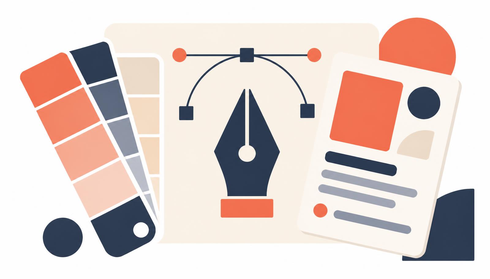 Flat illustration of a paintbrush, a camera and a music note arranged around a brief document