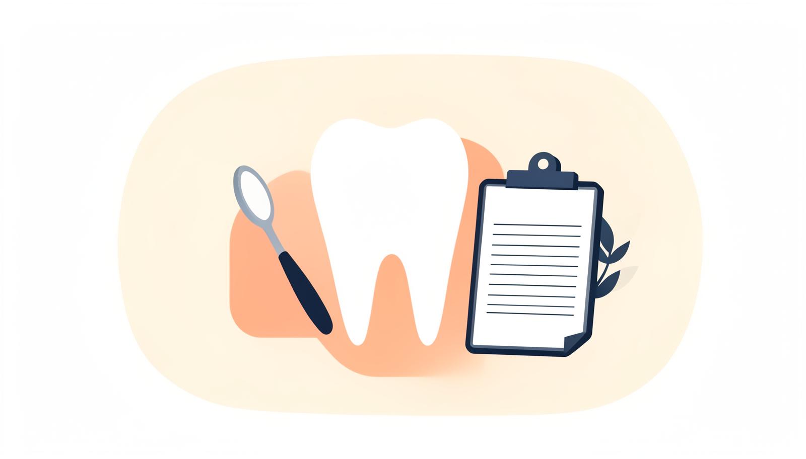 Flat illustration of a dental chair, a clipboard with a checklist, and a reception desk phone