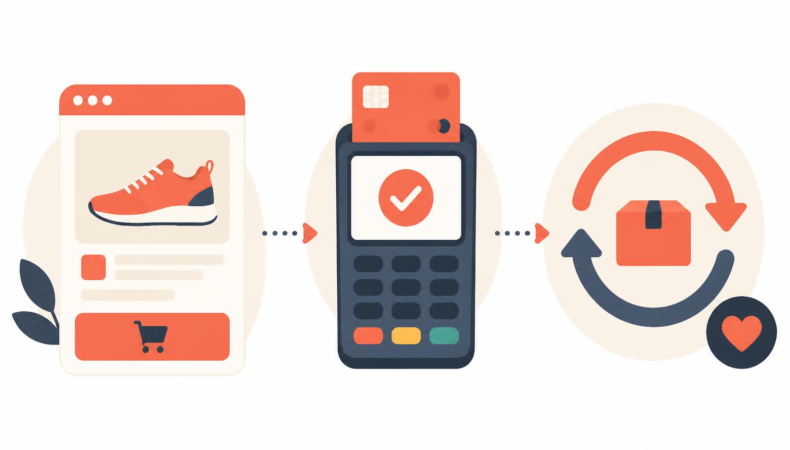 Flat illustration of a product order form with a card payment field and a confirmation receipt