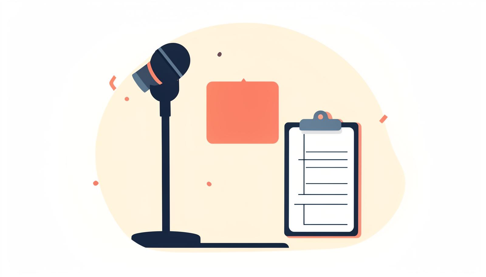 Flat illustration of a conference badge, an exhibitor booth and a feedback clipboard