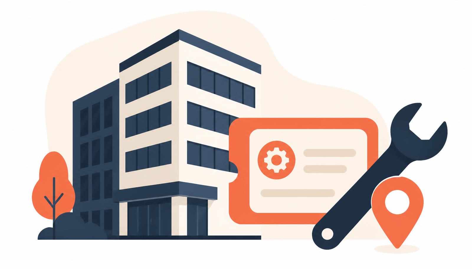 Flat illustration of a facilities manager reviewing a permit-to-work form on a tablet on site