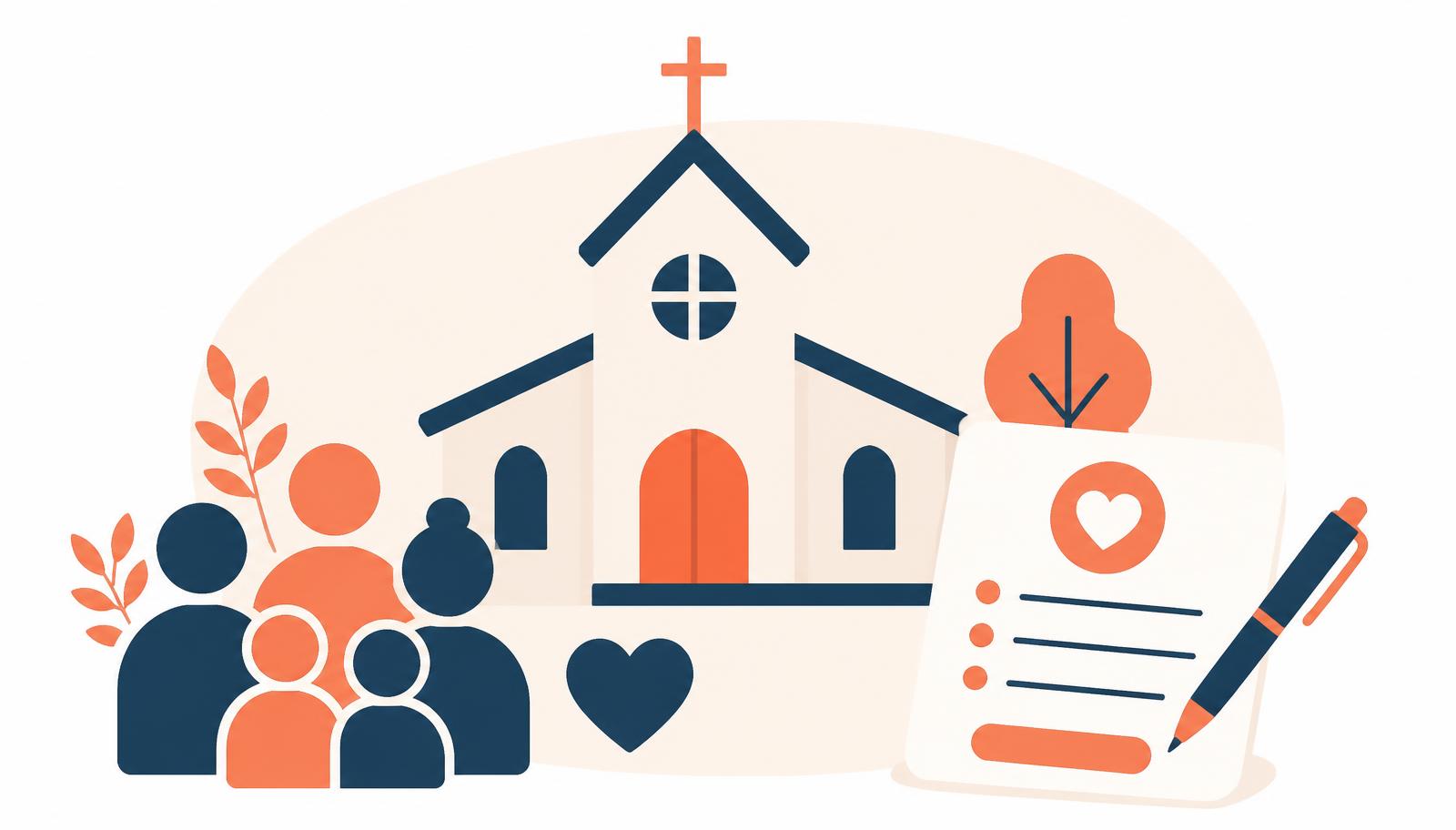Flat illustration of a church building with a membership form, a giving envelope and a volunteer sign-up sheet