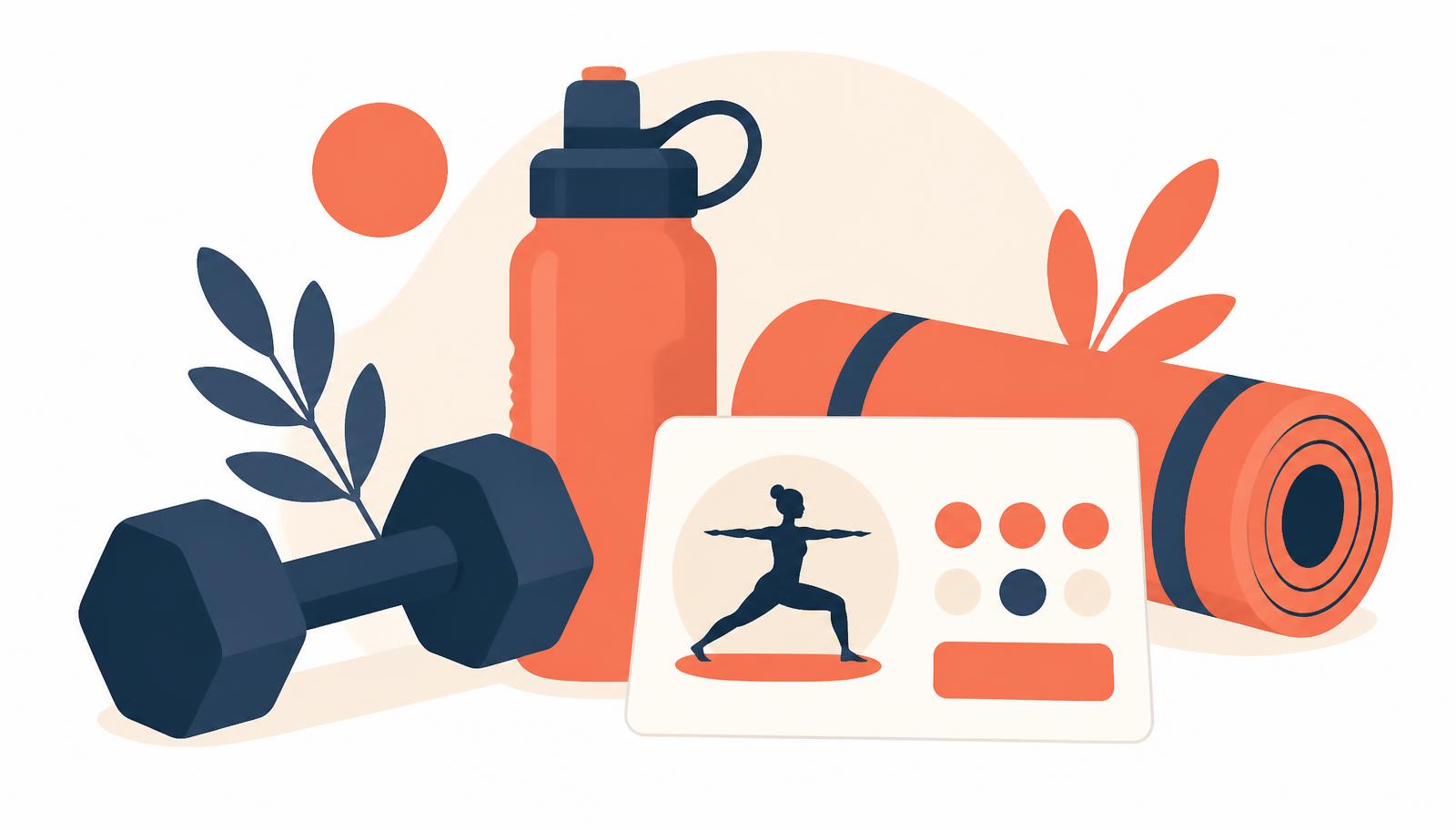 Flat illustration of a yoga mat, a clipboard with a checklist and a heart rate line