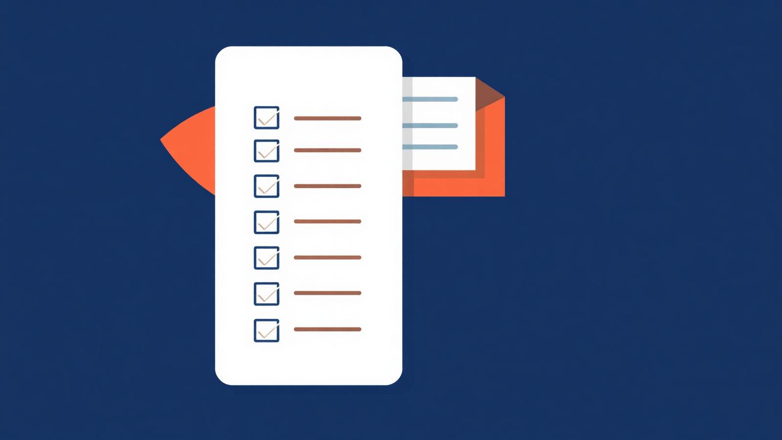 Illustration of a checklist beside a form card on a navy background
