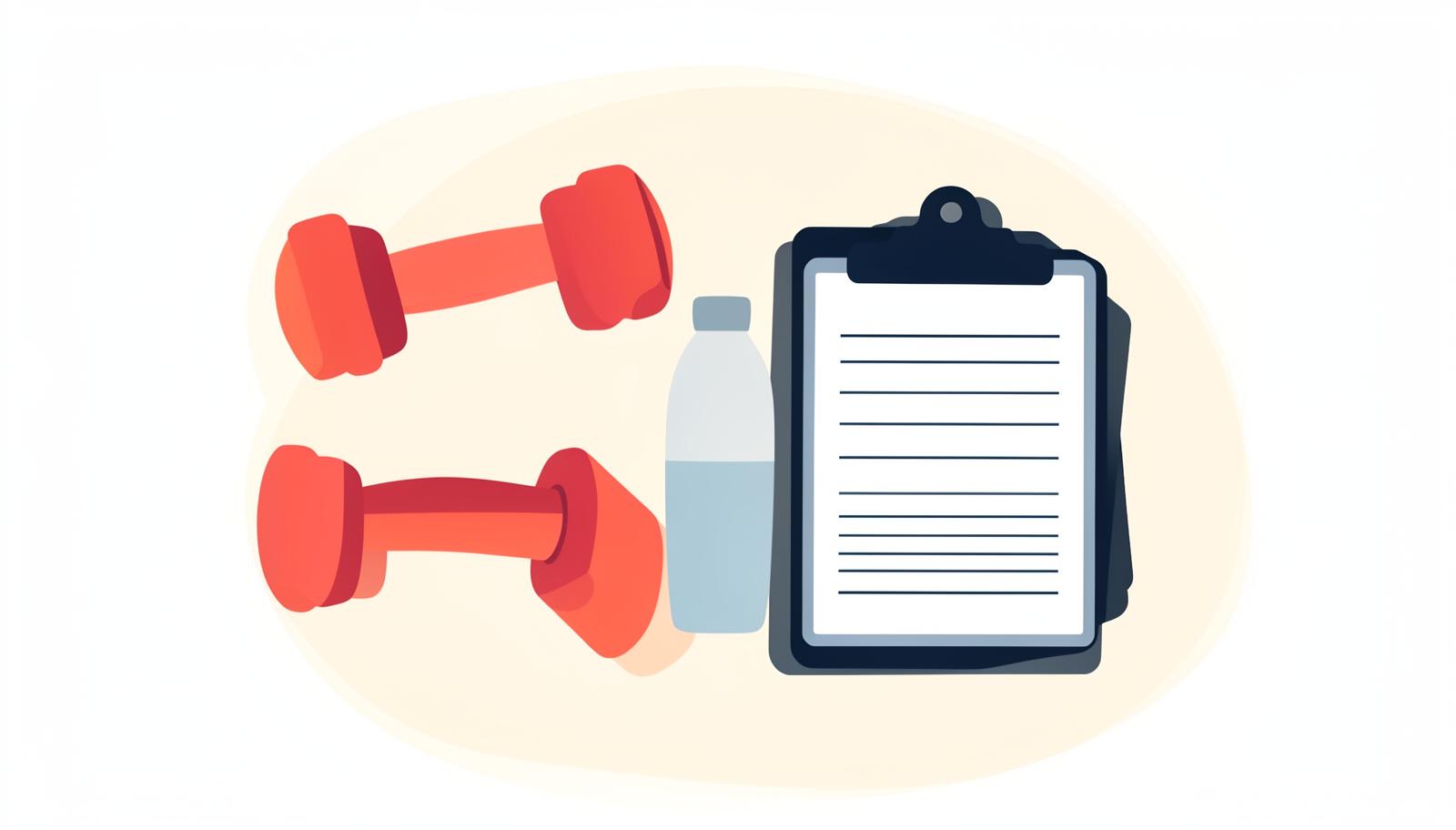 Flat illustration of a trainer reviewing a clipboard next to gym equipment