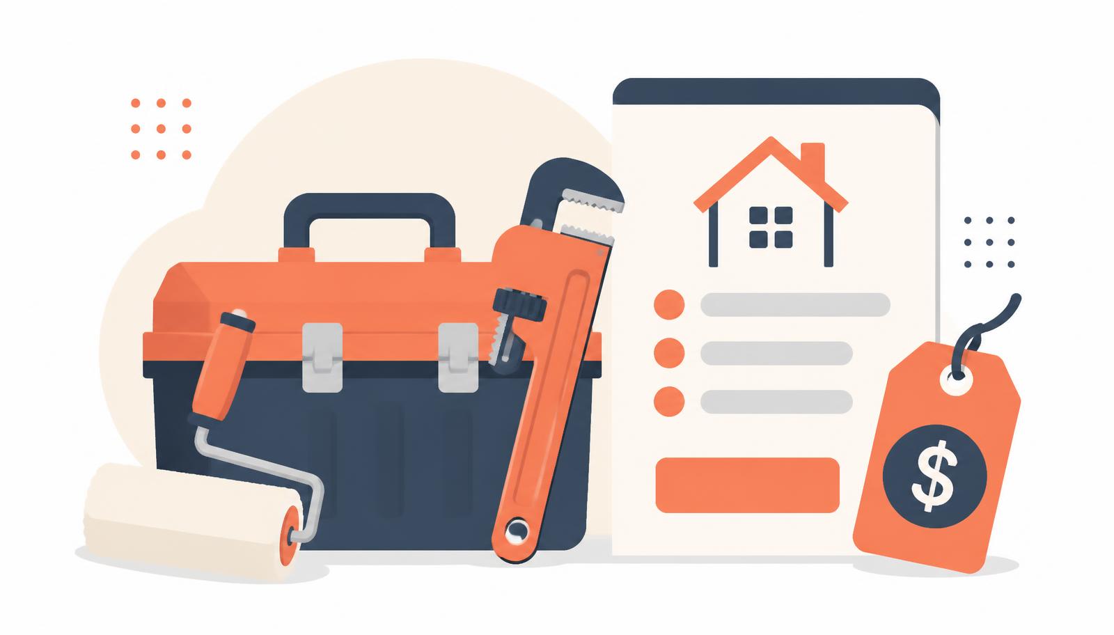 Flat illustration of a homeowner photographing a leaking pipe on a phone to submit an emergency callout form