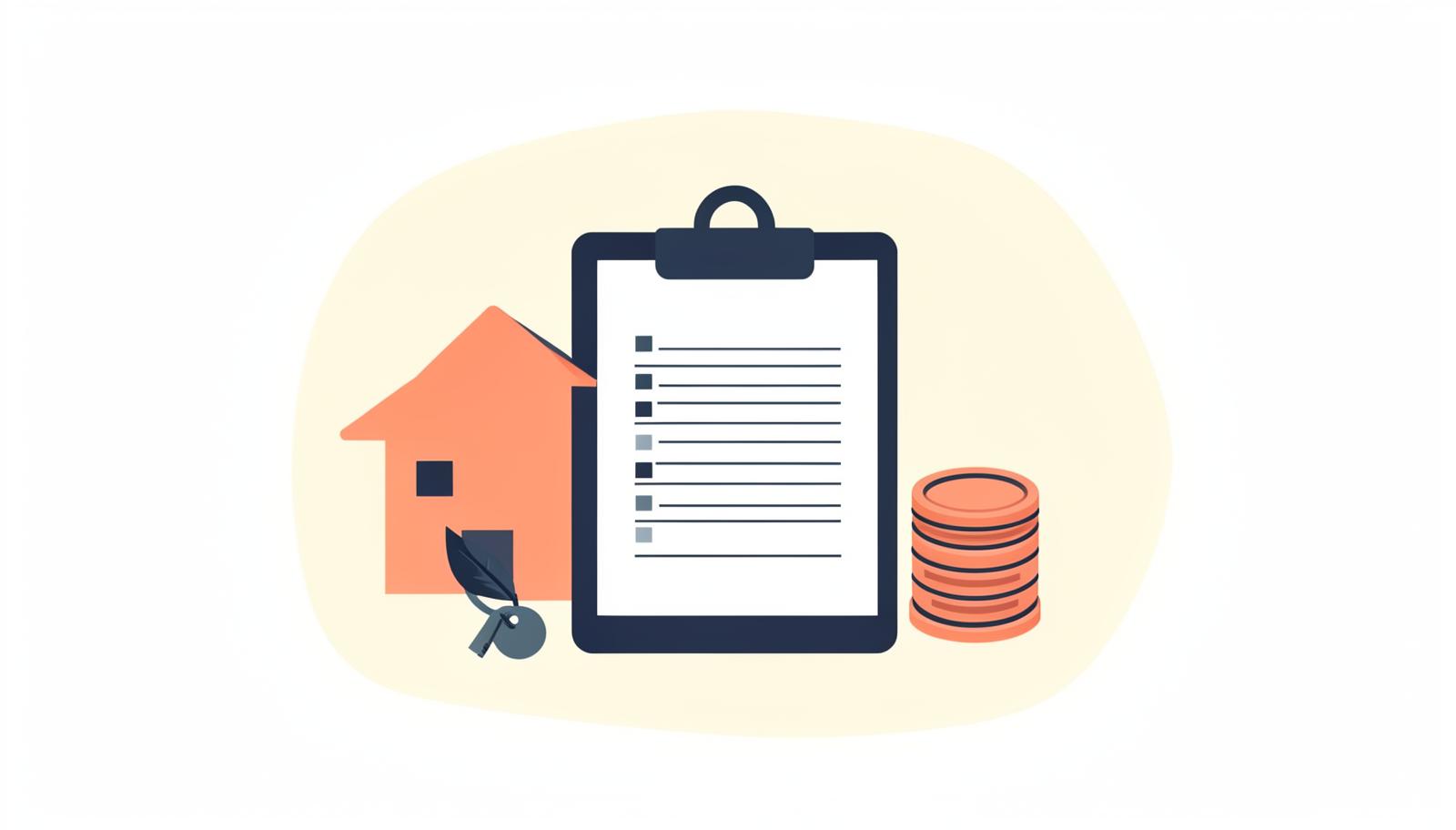 Flat illustration of a house key, a lease document, and a moving box