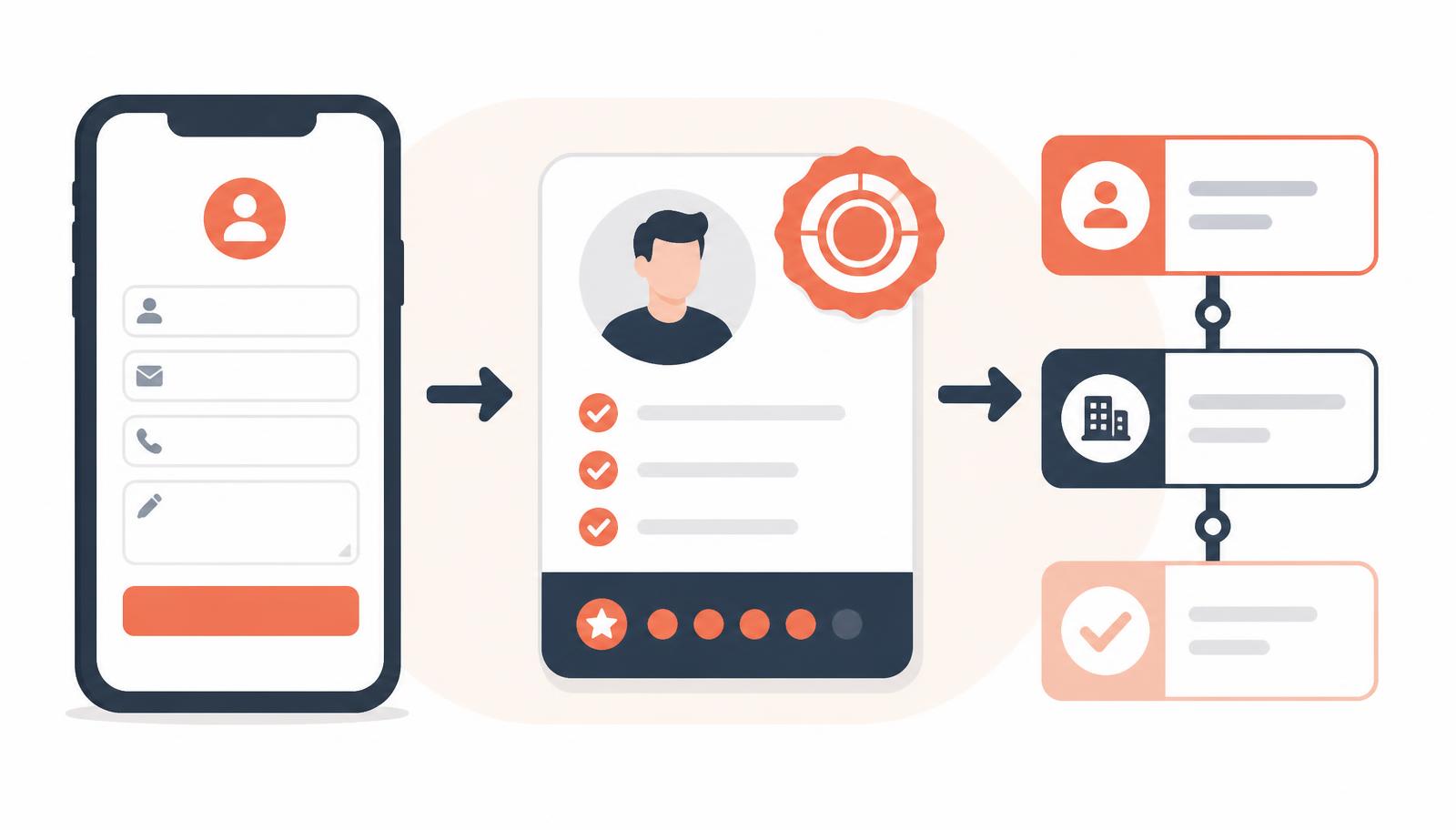 Flat illustration of a short enquiry form on a phone turning into a scored, qualified lead card and a sales pipeline
