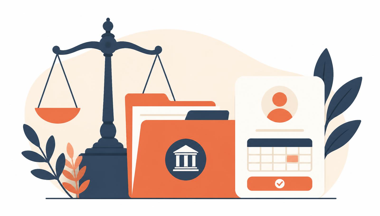 Flat illustration of a solicitor reviewing a client intake form on a laptop