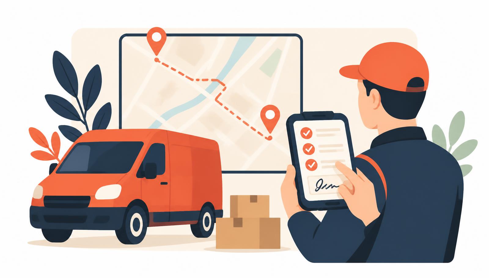 Flat illustration of a driver completing a vehicle inspection checklist on a phone beside a delivery van