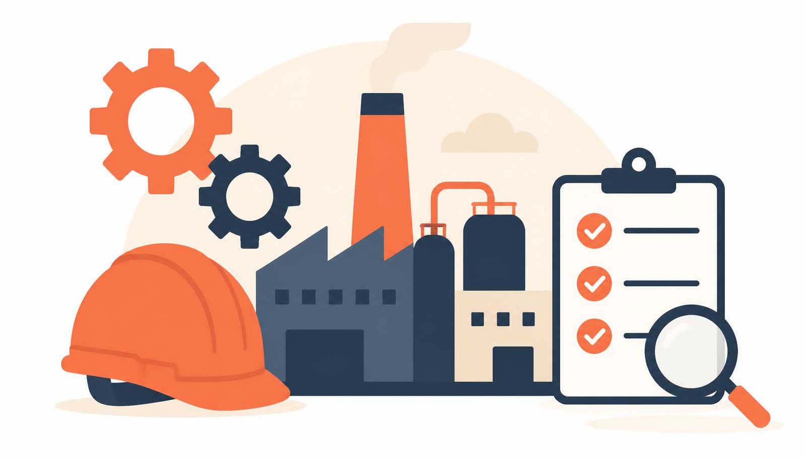 Flat illustration of a factory floor worker filling in an RFQ form on a tablet