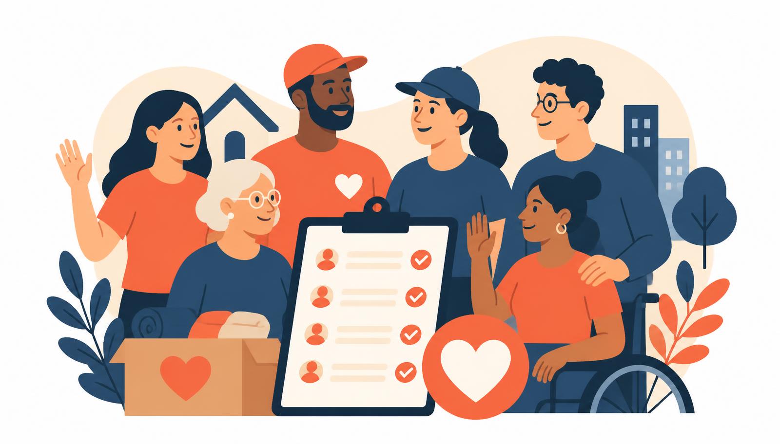 Flat illustration of hands holding a heart, a calendar and a community building