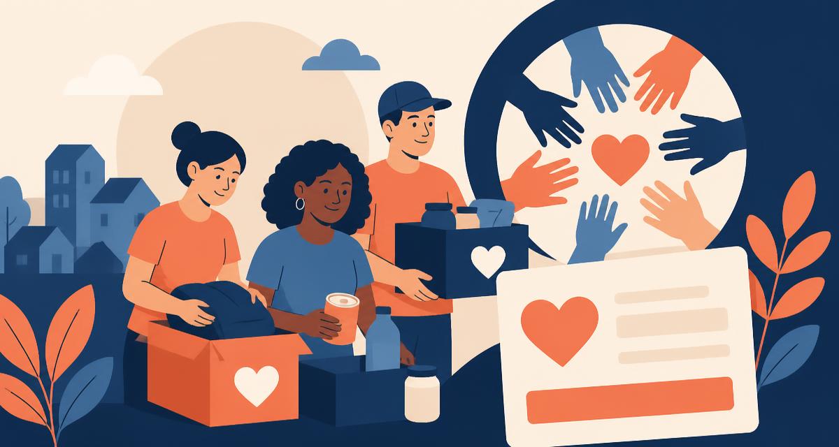 Illustration of volunteers packing donations beside a donation form card with a heart icon