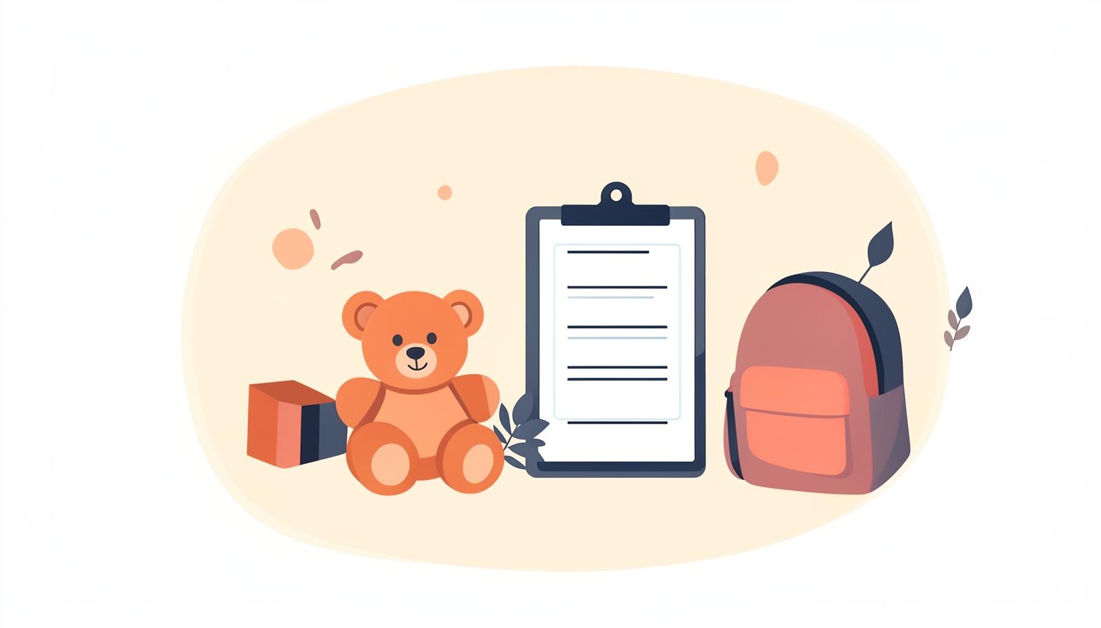 Flat illustration of a daycare room with a clipboard, toys and a parent signing a form at the door