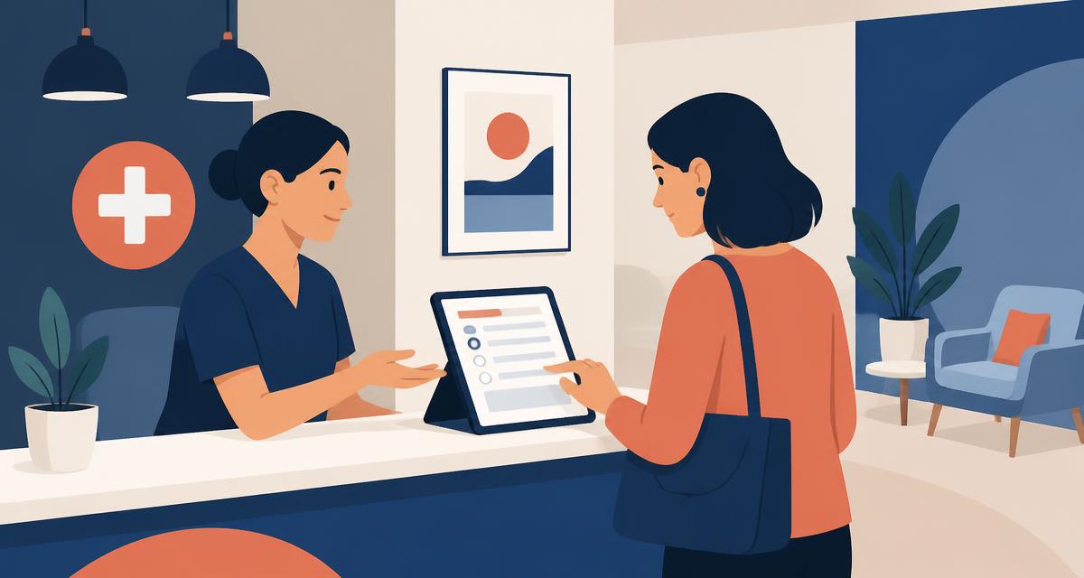 Illustration of a clinic reception desk with a tablet showing a short intake form