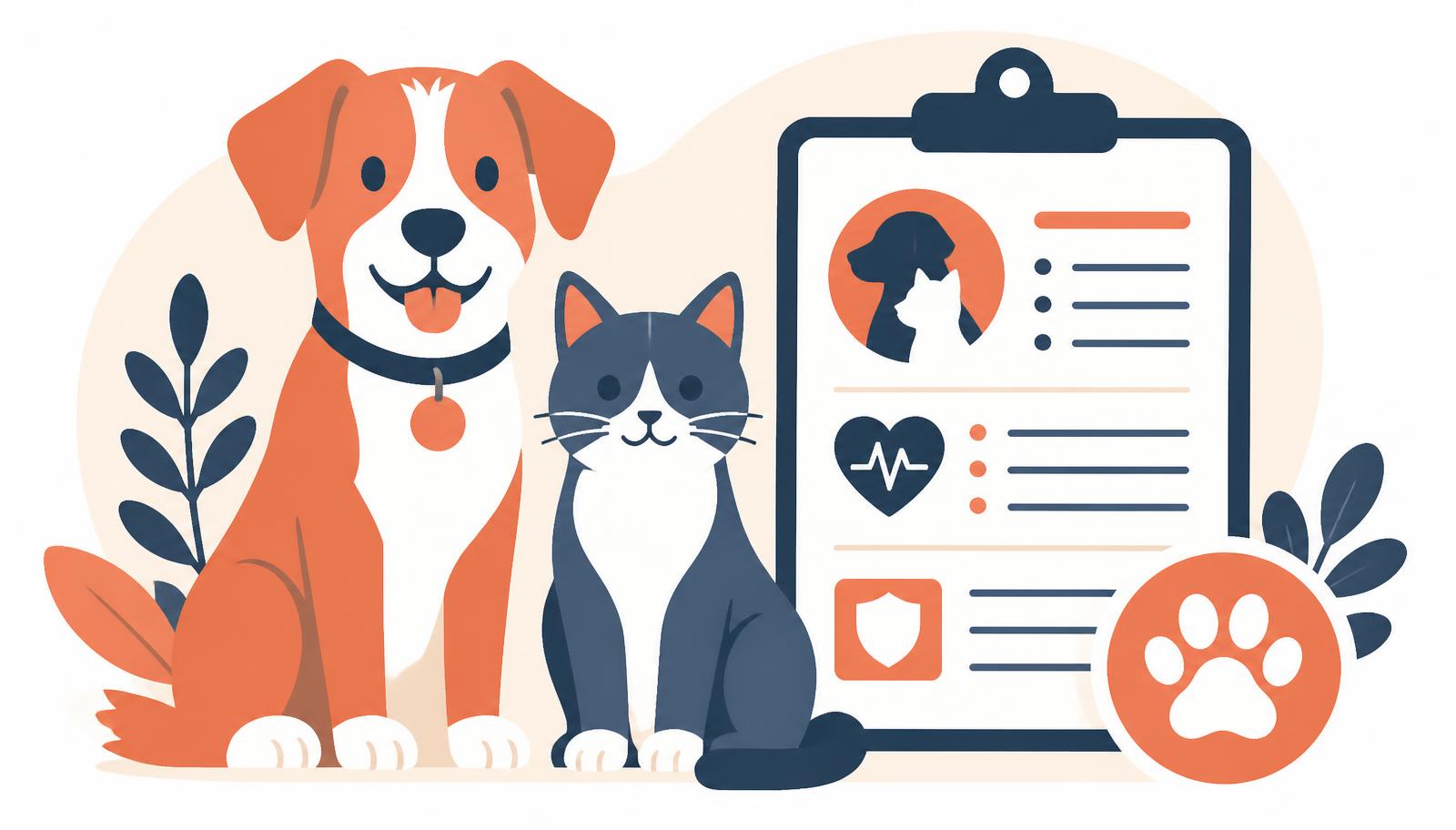 Flat illustration of a pet owner filling in a veterinary intake form on a phone with a dog sitting beside them