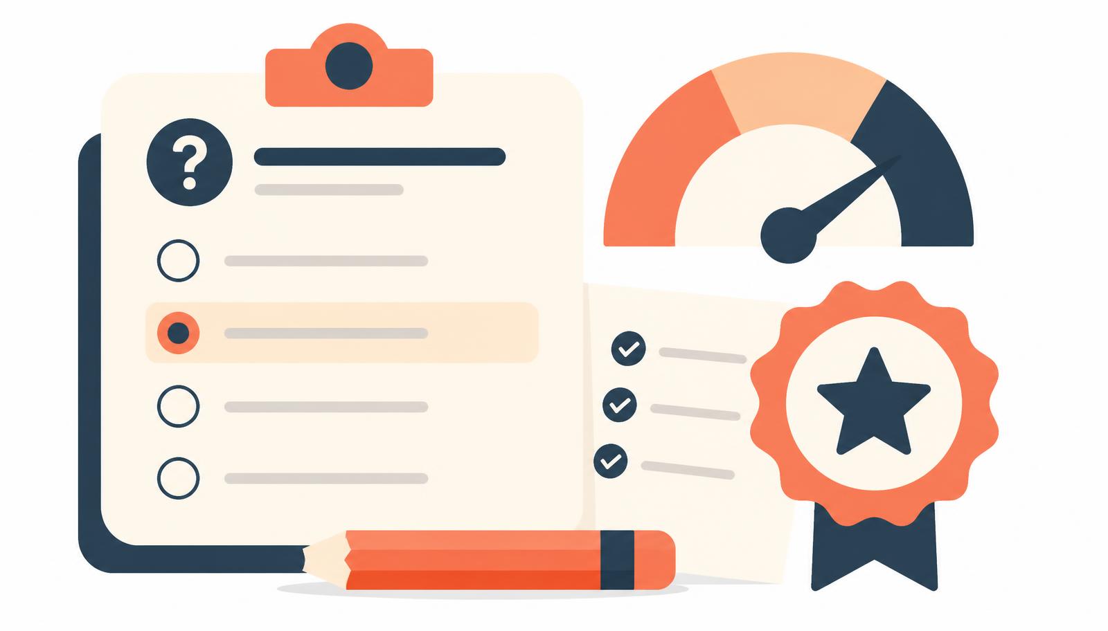 Flat illustration of a quiz form with multiple-choice answers and a score badge appearing on submit
