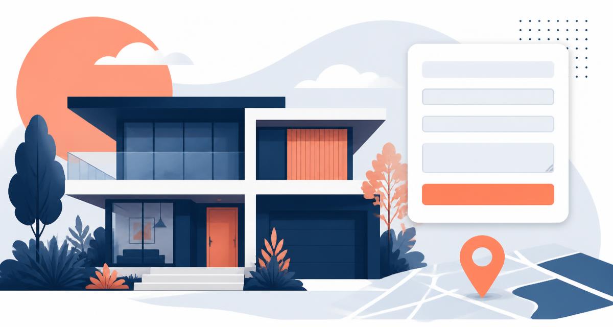 Illustration of a modern house beside a floating property enquiry form and map pin