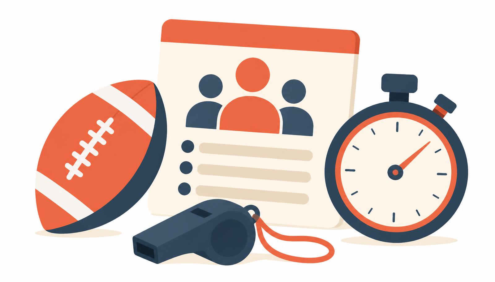 Flat illustration of a gym sign-up form next to a whistle, a team roster and a tournament bracket