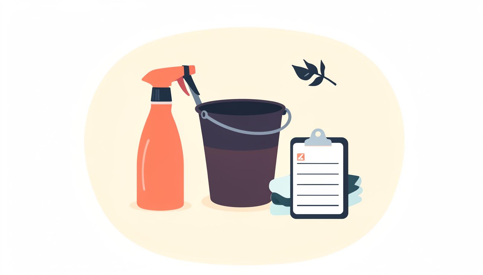 Flat illustration of a cleaning cart, a clipboard with a checklist, and a set of keys on a hook
