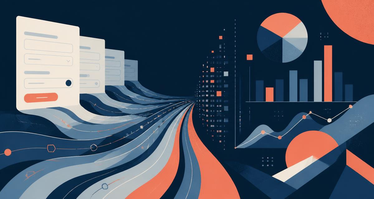 Abstract illustration of form fields flowing into charts on a navy background