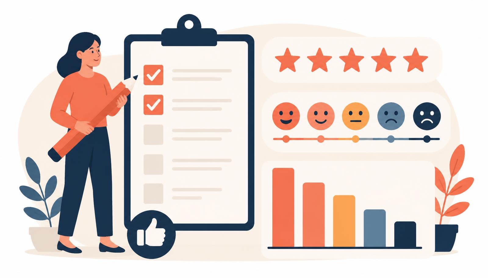 Flat illustration of a feedback form with a star rating and NPS scale