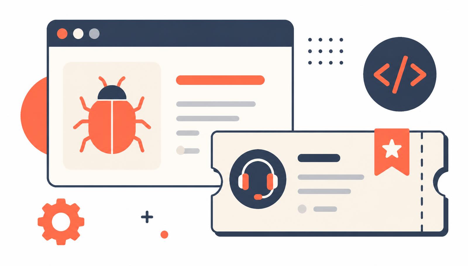 Flat illustration of a bug icon, a ticket and a code bracket feeding into a triage board