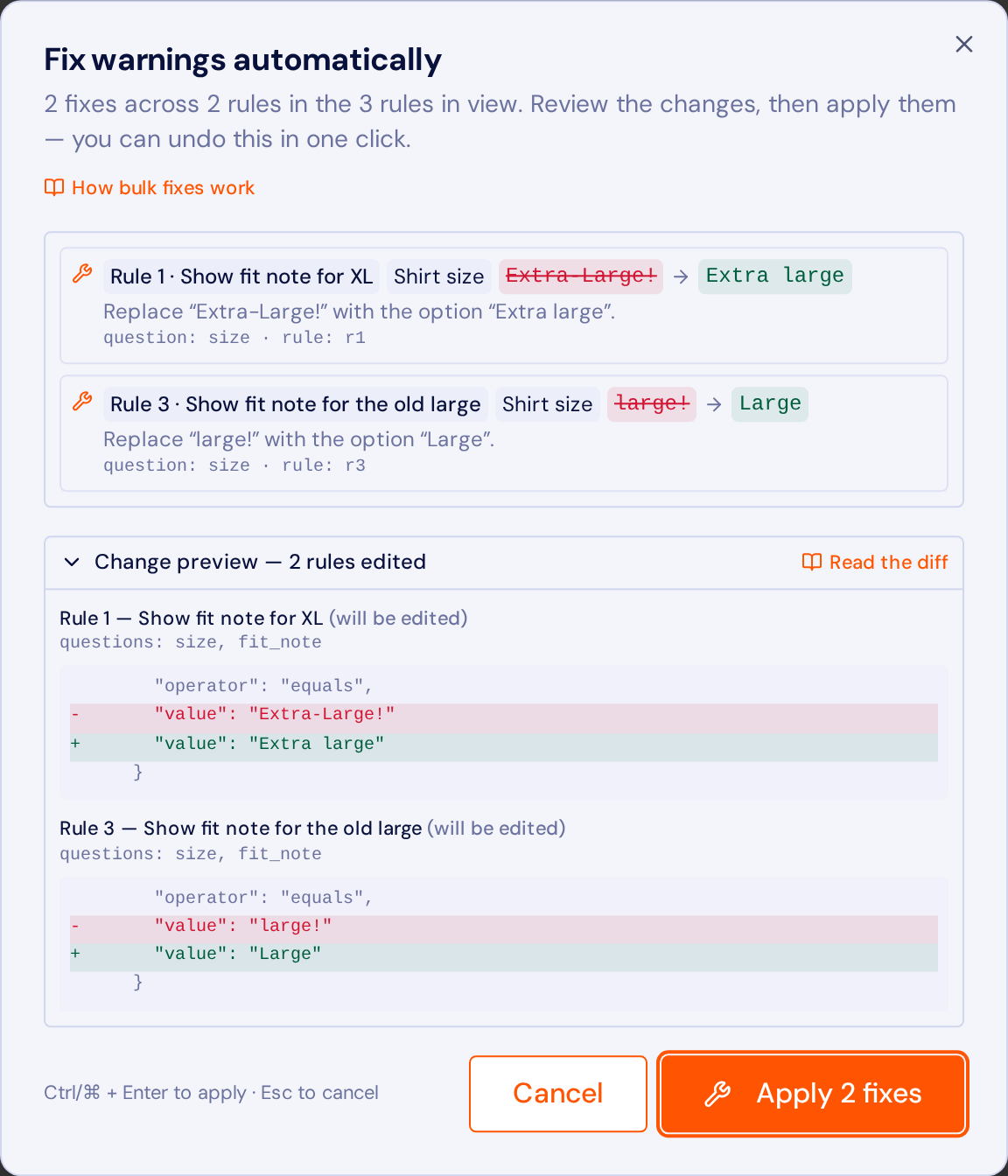 The bulk fix dialog reviewing two value replacements on a shirt size question, with struck-through old values, the replacement options, and a line-level change preview below